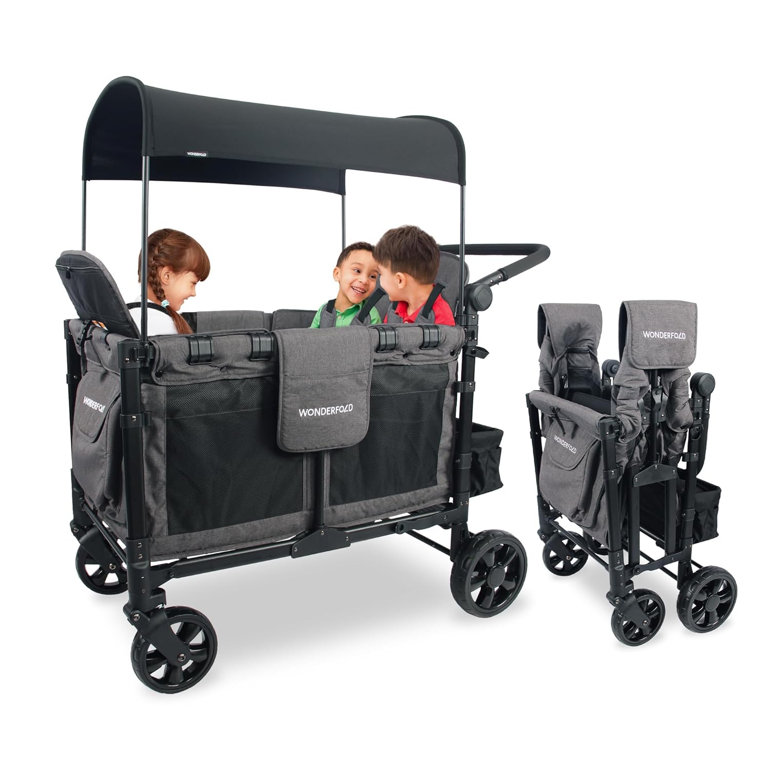 WonderFold W4 Elite Stroller Wagon - Foldable Wagon with Steel Frame - Adjustable Canopy & Push Handle - All-Terrain Wheels - for Babies, Toddlers & Kids - 4 Seater - Gray