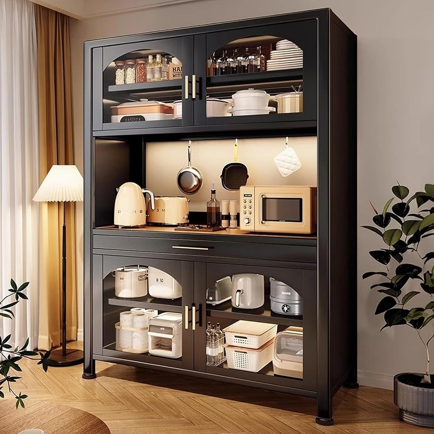 JKGHK Kitchen Pantry Cabinet Buffet with Drawer Storage, 72.8in Microwave Stand with 3 Adjustable Levels, Standing Bakers Racks with Glass Doors, for Dining Room(Black,100cm/39.3in)