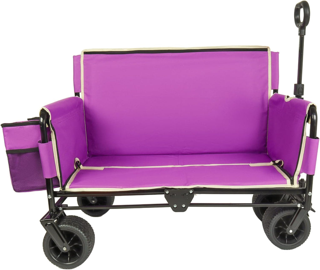 3-in-1 Folding Wagon with Bench Seat - 500LB Capacity, 180L Storage, All-Terrain Wheels, Compact Fold, Includes Ice Pack, for Camping, Beach, Sports, Garden (Purple)