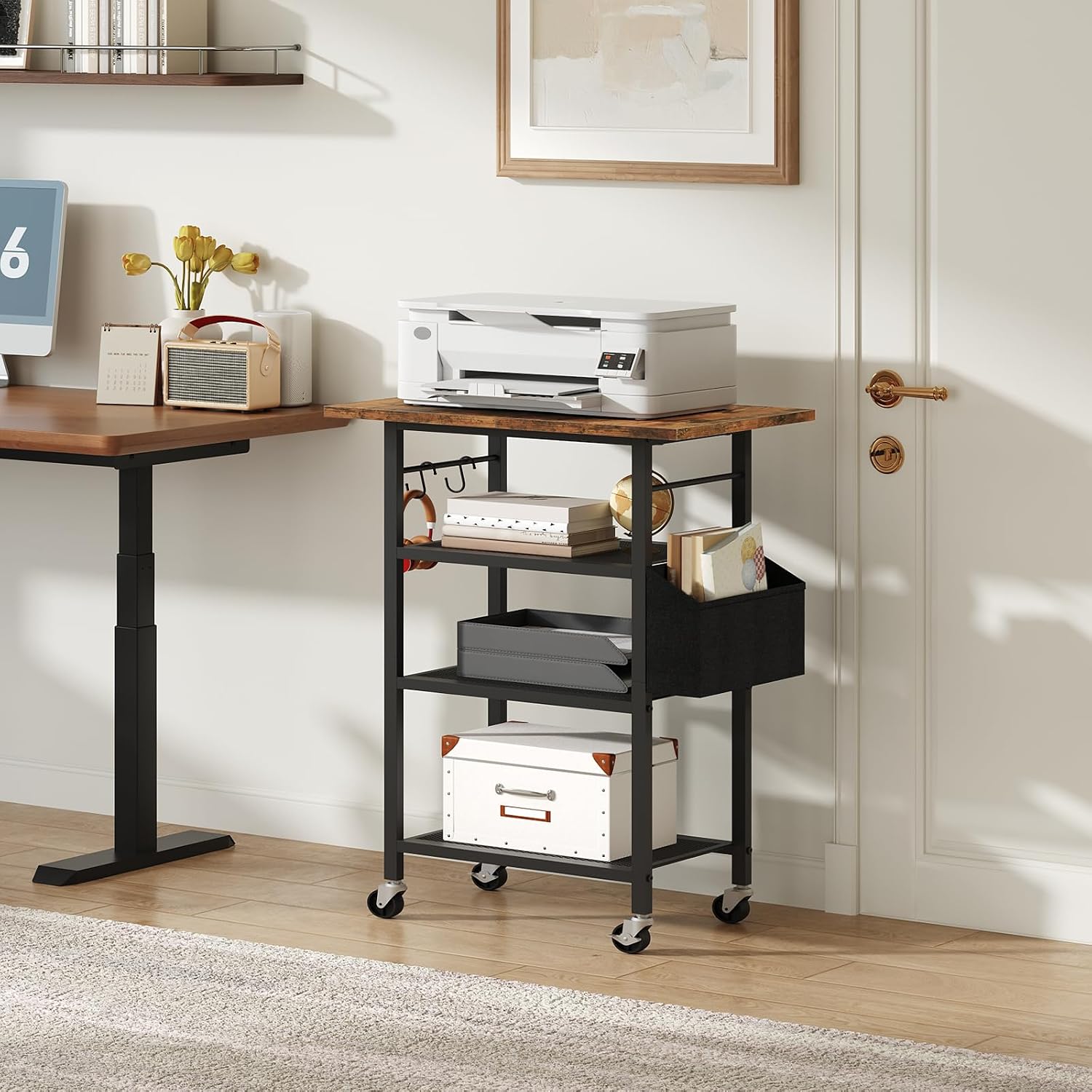 MAHANCRIS Mobile Printer Stand and 4-Tier Printer Stand Bundle, 3-Tier Industrial Printer Cart with Power Outlets and 2 USB Ports, Rolling Printer Table on Wheels, for Home Office, PTHR78E01-PTHR2601