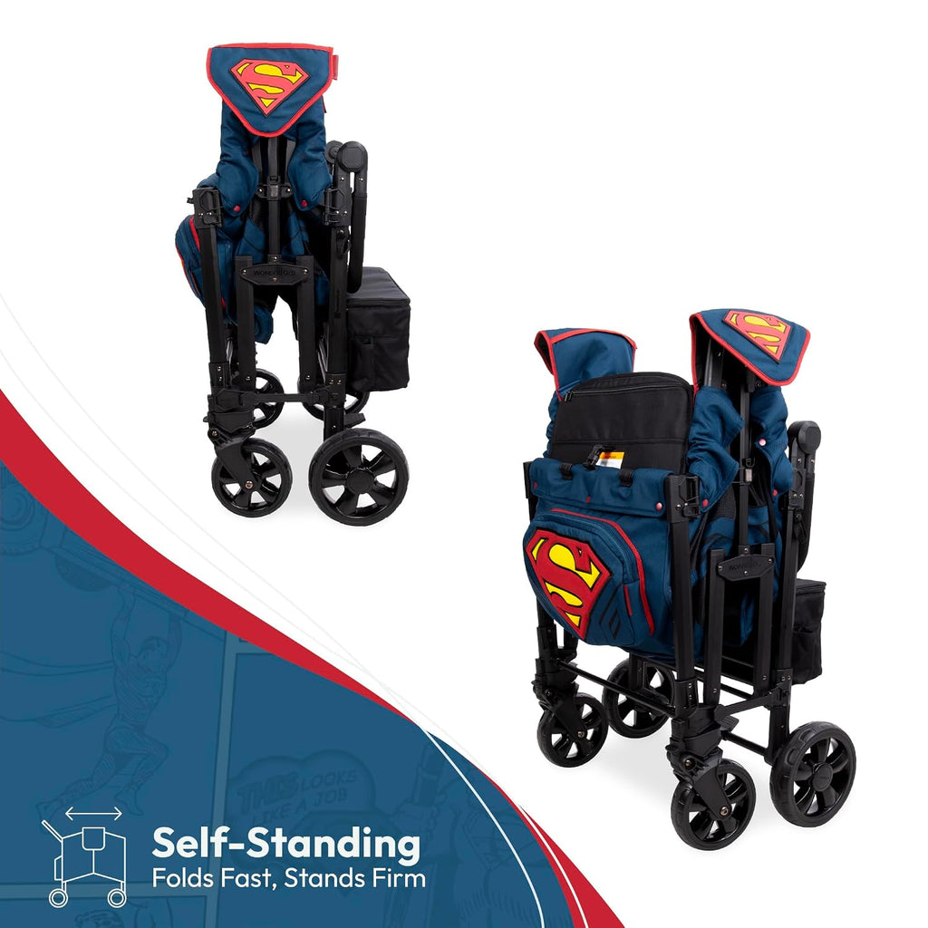 WONDERFOLD W4 Elite Pro Special Edition Superman Stroller Wagon (4 Seater) - Collapsible Wagon Stroller with Seats with 5-Point Harnesses, Easy Access Zipper Door, and Removable Sun Canopy
