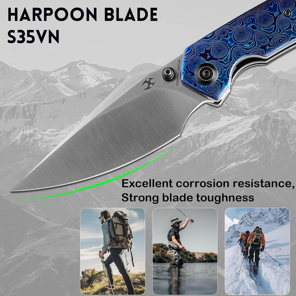 KANSEPT Fenrir Pocket Knife, 3.48' Satin CPM-S35VN Harpoon Blade, Blackwash Titanium Handle Timascus Inlay, Thumb Stud & Liner Lock with Deep Clip EDC Knives for Camping Hunting Survival K1034A7
