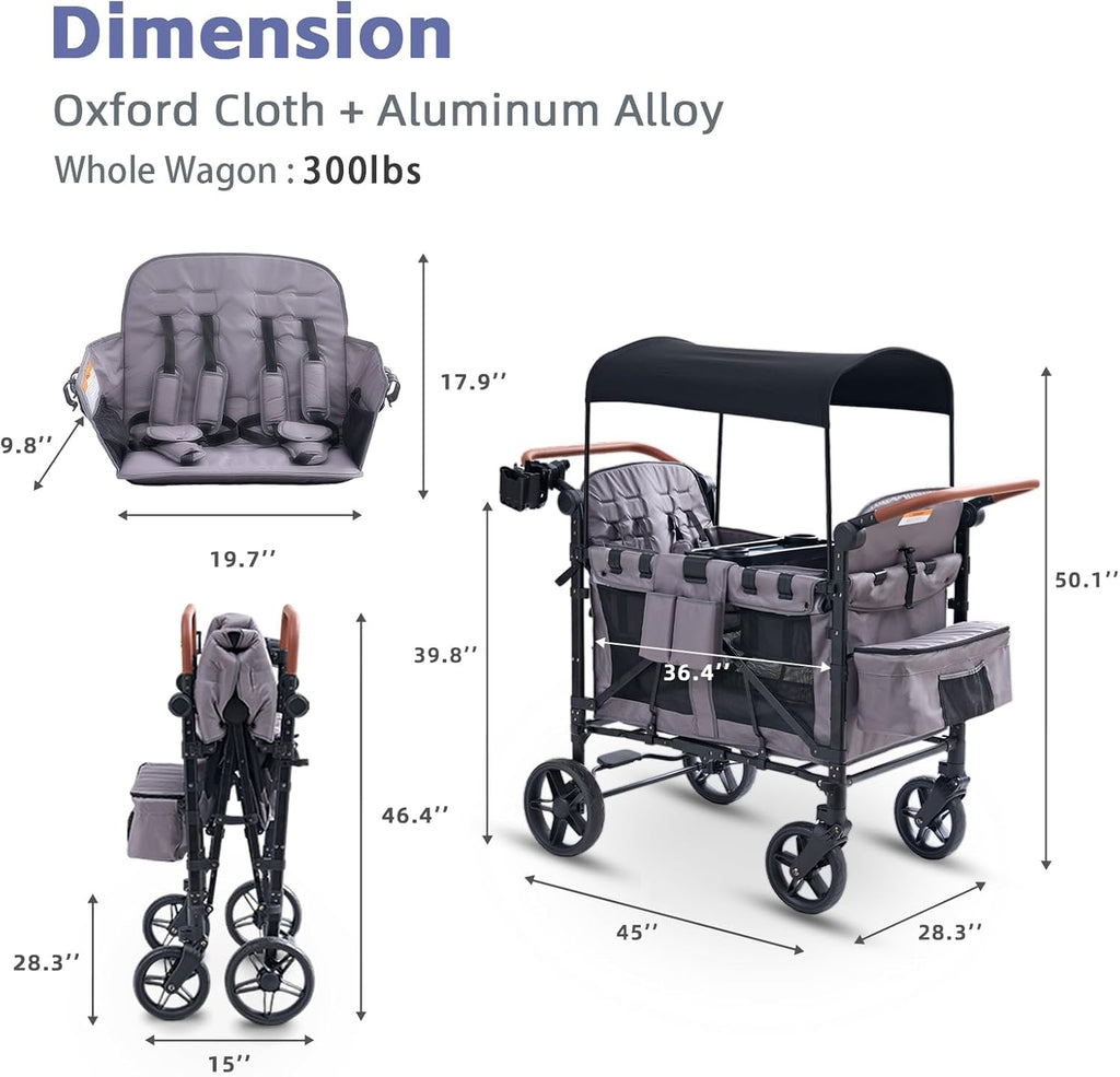 Stroller Wagon for 4 Kids, 4 Seater Wagon Stroller with Snack Tray, Large Storage Bag, Phone Cup Holder, Removable Canopy, Foldable Wagon Stroller 4 Seater with Adjustable Push Handles (Grey)