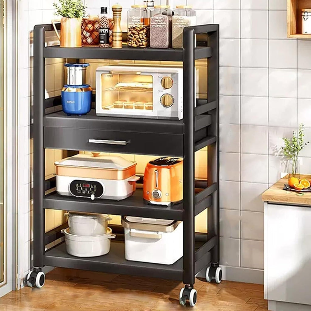 Microwave Stand with Drawer, Metal Baker's Rack for Kitchen Storage, Standing Shelf with Casters, Versatile Oven Rack for Home, Living Room & Hallway (Black)(Black,50x39x132cm)