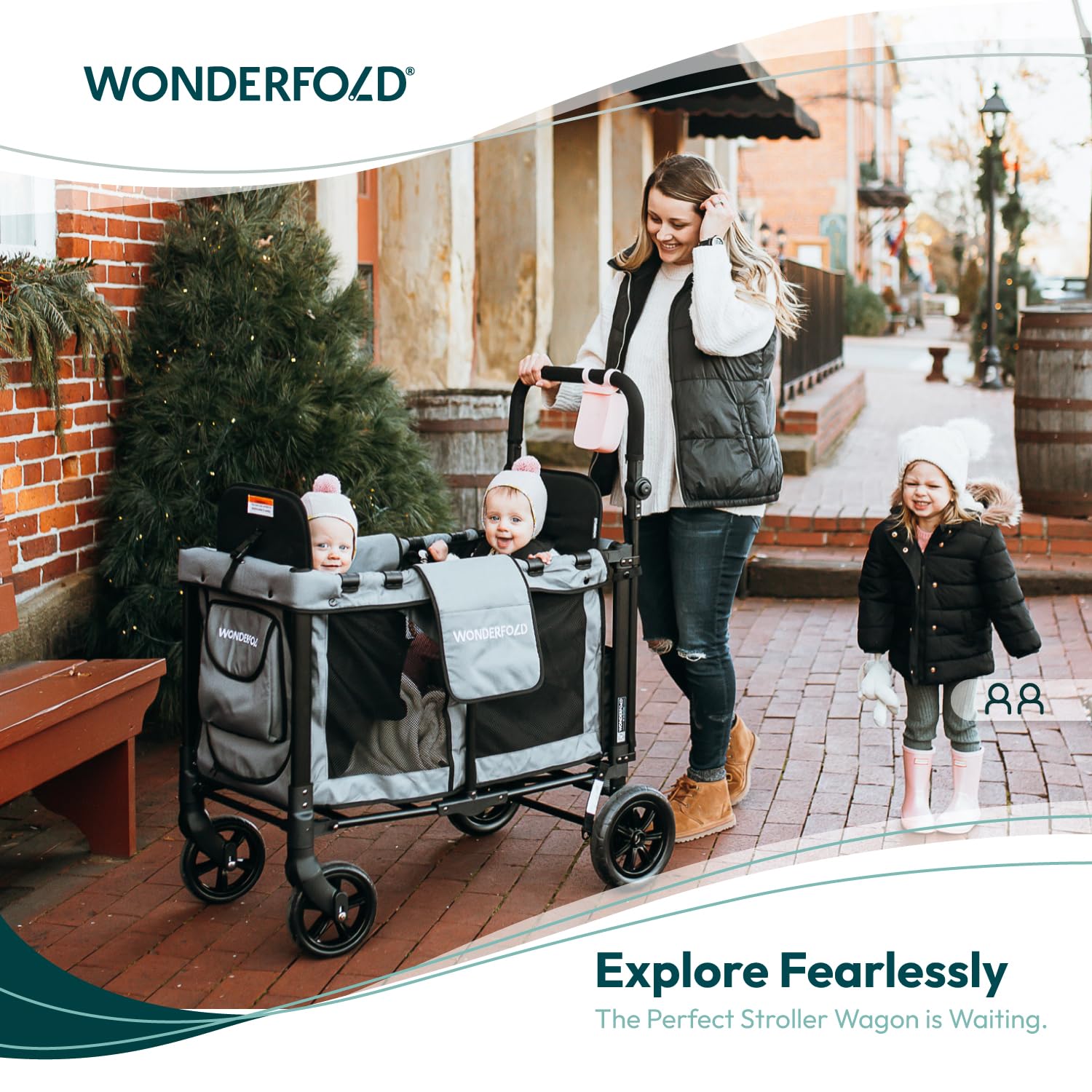 WonderFold W2 Stroller Wagon - Foldable Wagon with Steel Frame - Canopy & Adjustable Push Handle - All-Terrain Wheels - for Babies, Toddlers & Kids - 2 Seater - Black