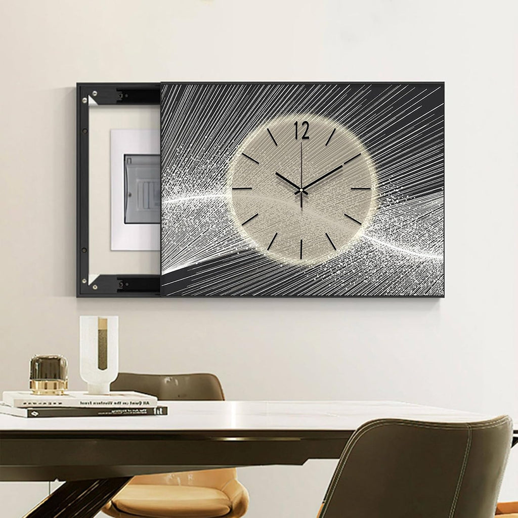Decorative Painting Cover with Clock, Hidden Circuit Breaker Panel, Wall Mounted Electrical Panel Cover, Push-Pull Design for Home Office(Black 7,80 * 60cm/31.5 * 23.6in)
