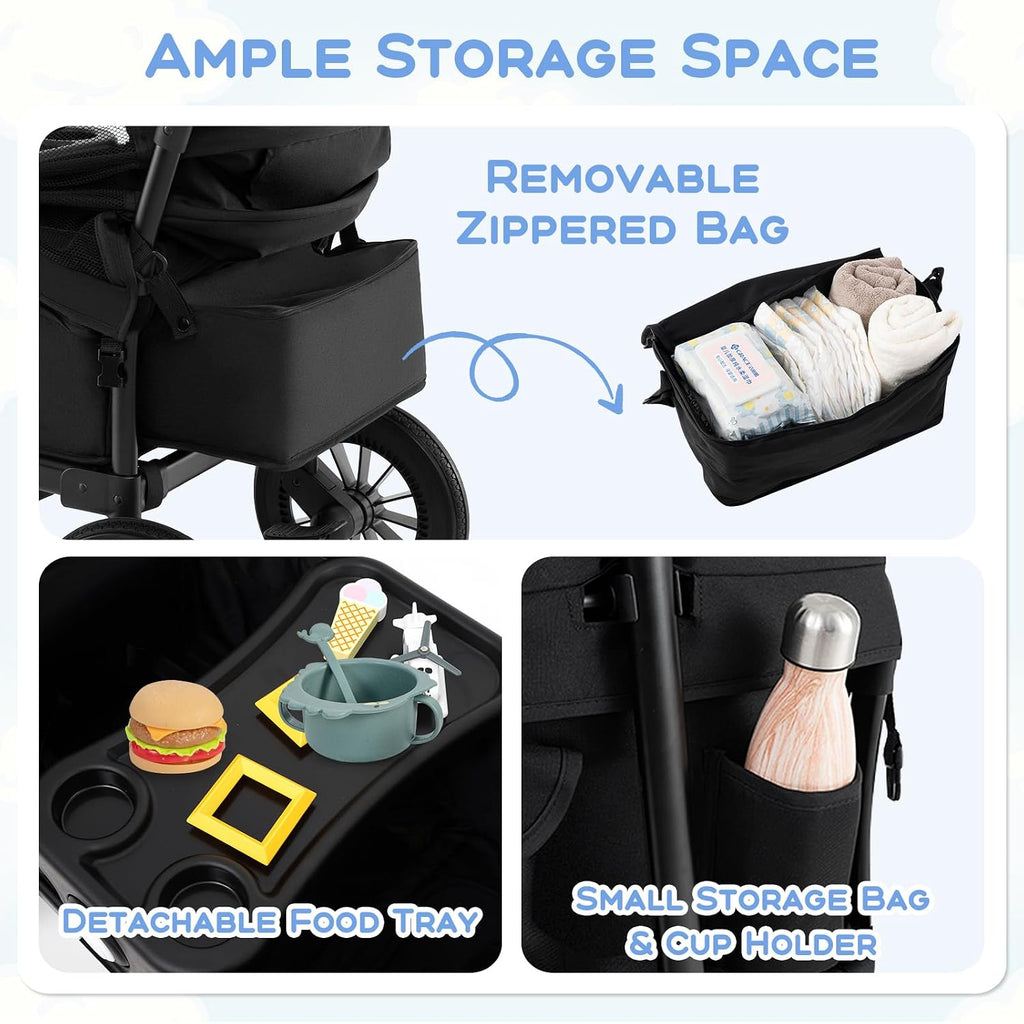 HONEY JOY Wagon Stroller for 2 Kids, 2 Seater Toddler Quad Stroller Wagon, Adjustable Push/Pull Handle Bar, Drop-Down Footwell & Upholstered Seats, Collapsible Kids Wagon with Canopy(Black)