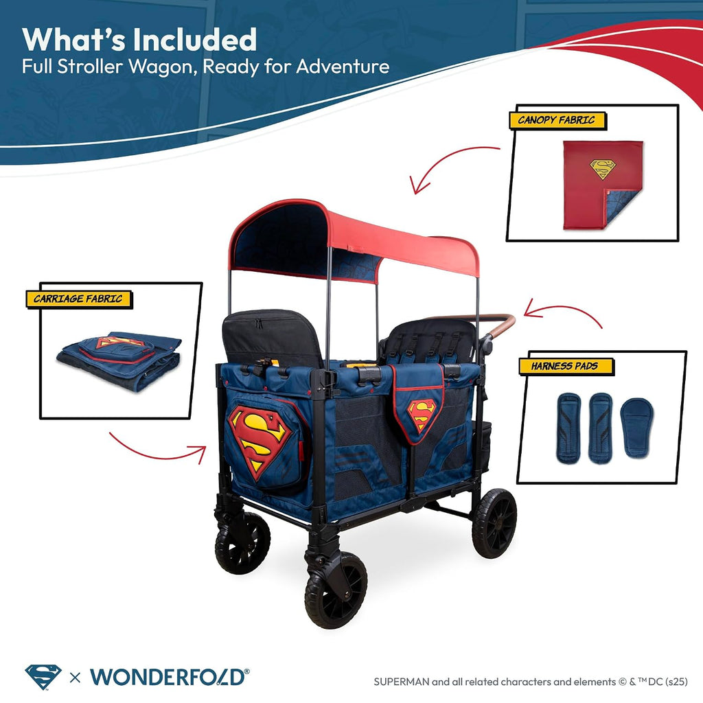 WONDERFOLD W4 Luxe Pro Special Edition Superman Stroller Wagon (4 Seater) - Collapsible Wagon Stroller with Seats with 5-Point Harnesses, Easy Access Zipper Door, and Removable Sun Canopy