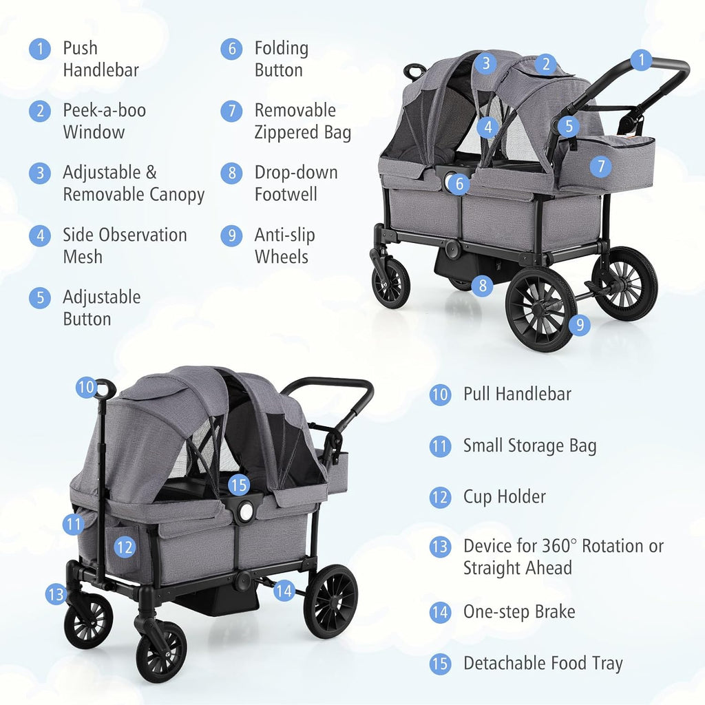 HONEY JOY Wagon Stroller for 2 Kids, 2 Seater Toddler Quad Stroller Wagon, Adjustable Push/Pull Handle Bar, Drop-Down Footwell & Upholstered Seats, Collapsible Kids Wagon with Canopy(Gray)