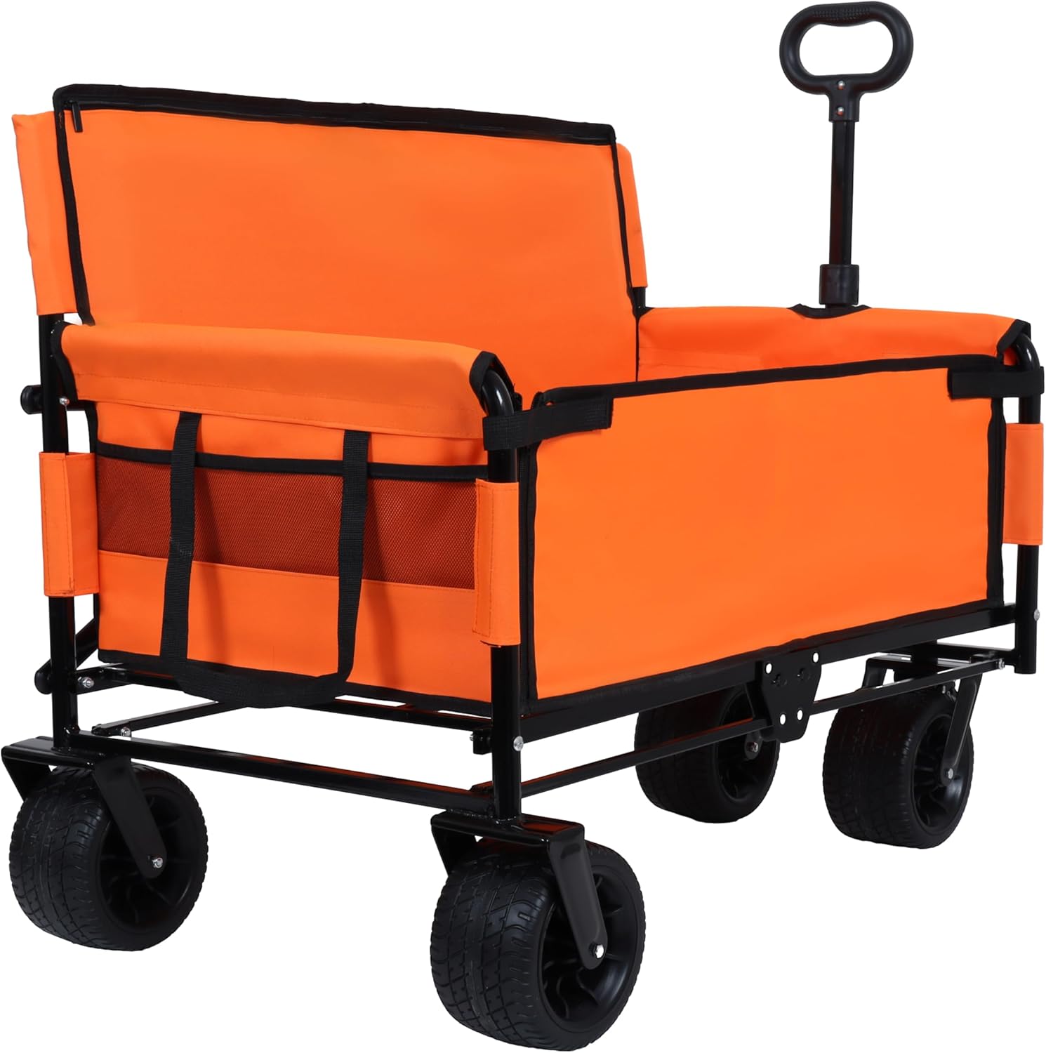 3-in-1 Heavy-Duty Convertible Folding Wagon Cart with Bench Seat & Storage – 500lb Capacity, 180L All-Terrain Wagon for Camping, Beach, Sports, & Garden – 360° Swivel Wheels (Orange)
