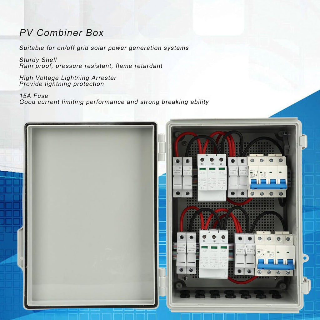 Solar PV Combiner Box, 4-String to 2-Output, DC 1000V, IP65 Waterproof, Wall Mounted System with DC Isolation Switch, for Solar Panel Installation