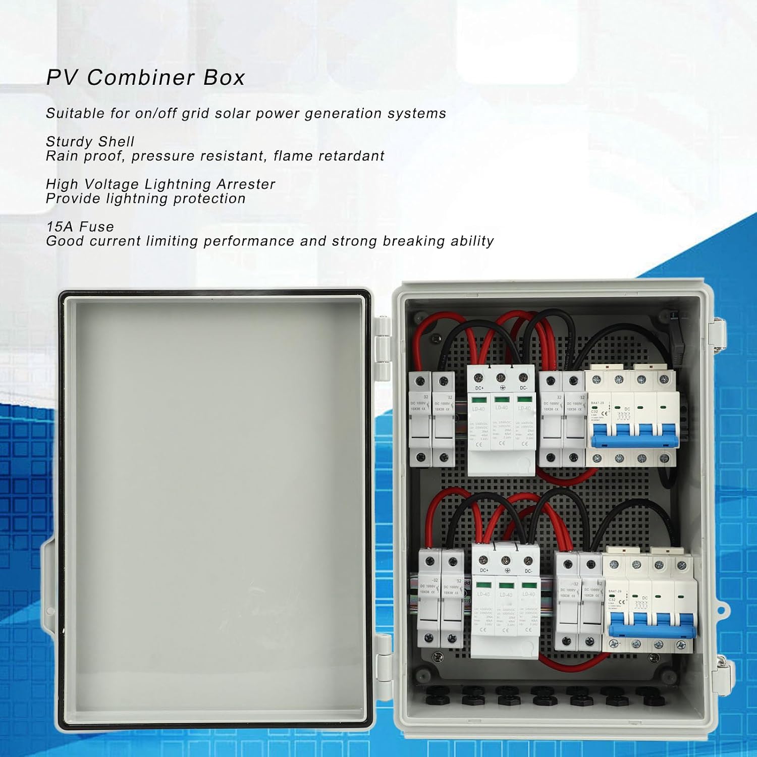Solar PV Combiner Box, 4-String to 2-Output, DC 1000V, IP65 Waterproof, Wall Mounted System with DC Isolation Switch, for Solar Panel Installation