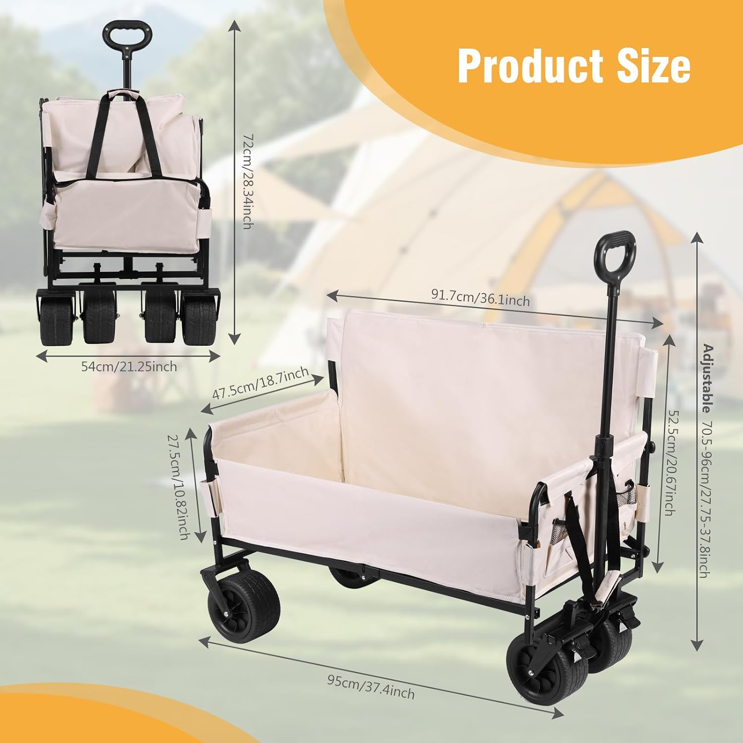 Large Capacity Collapsible Wagon Cart with Big Wheels Heavy Duty Collapsible Utility Wagon for Groceries Garden Sport (Beige)