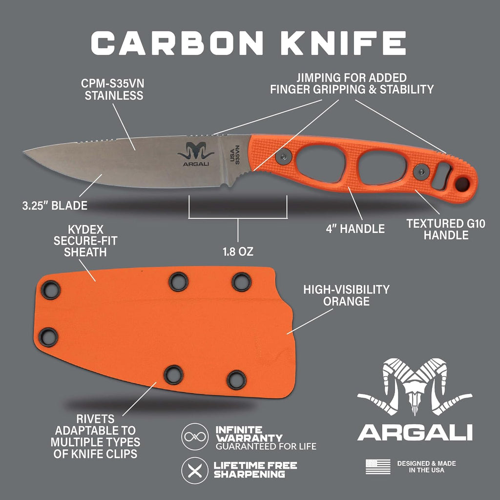 Argali Carbon Hunting Knife with Kydex Sheath fixed blade