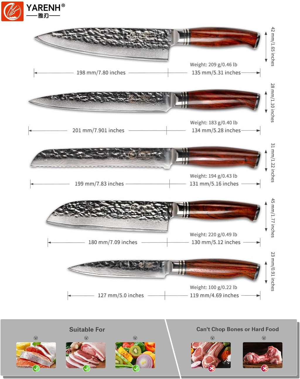 YARENH Chef Knife Set without Block, 5 Piece Professional Sharp Kitchen Knives,Damascus Stainless Steel, 73 Layers, Full Tang, Dalbergia Wood Handle, HTT Series