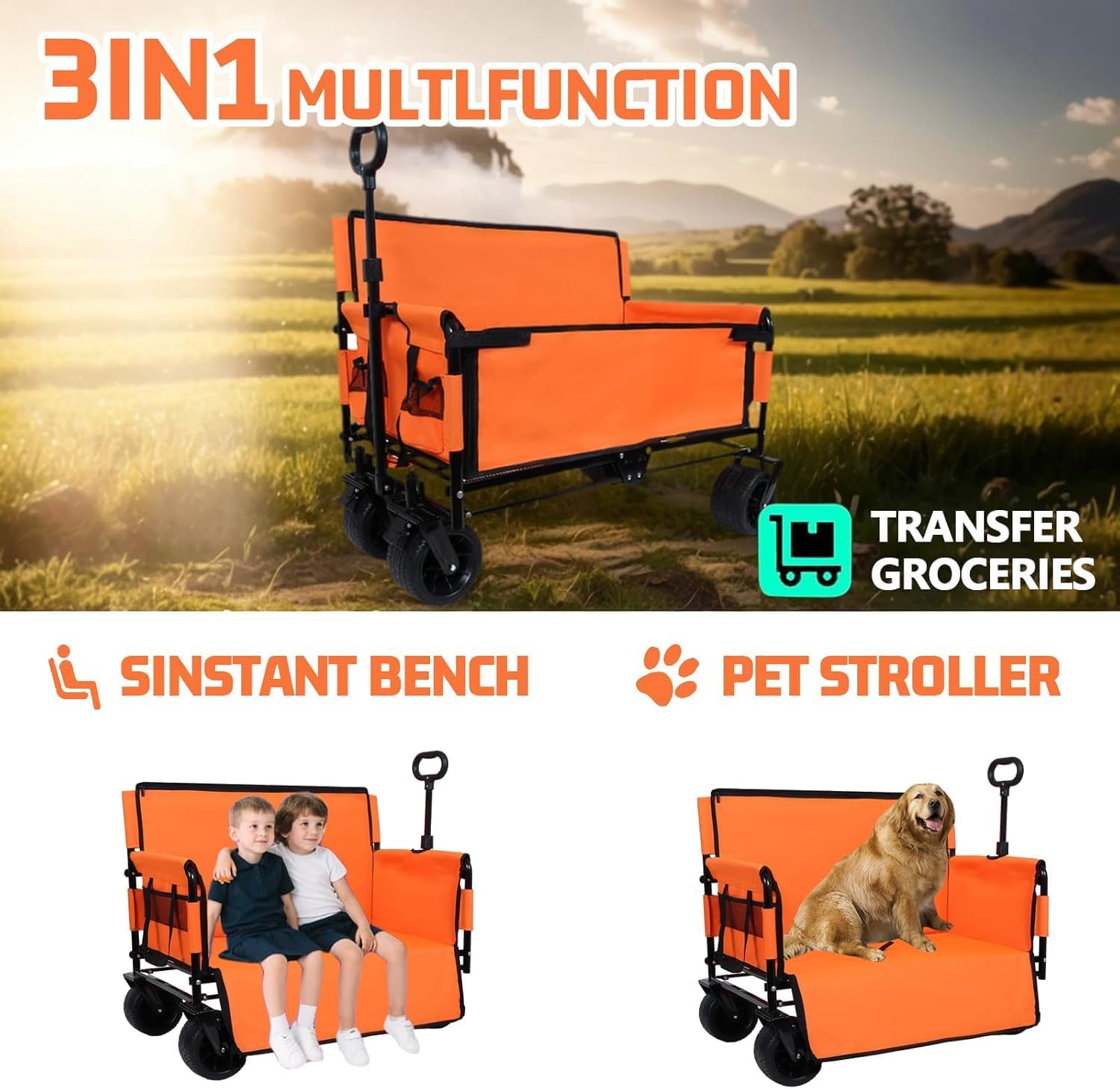 3-in-1 Convertible Folding Wagon Cart with Bench Seat & Storage - 500lbs Heavy-Duty Utility Wagon, 180L Capacity All-Terrain Wheels for Camping, Beach, Sports, Garden ﻿ (Orange)