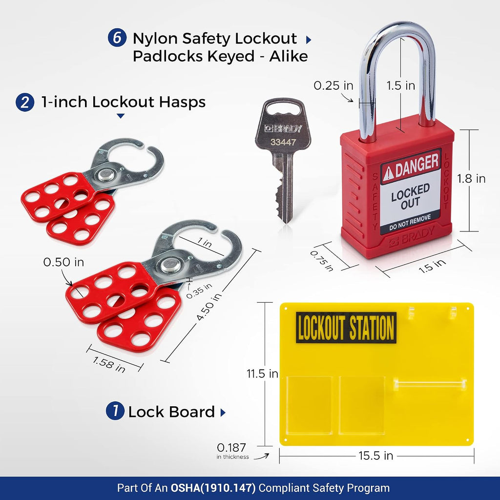 Brady Lockout Tagout Station with Loto Devices. Lock Out Tag Out Kit Board Includes 6 Keyed Alike Safety Lock Set, 2 Hasps for Padlocks. 10 Do Not Operate Tags for Lockout Safety Supply - 153682