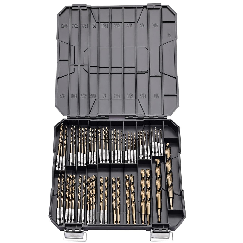 Hex Shank Cobalt Drill Bit Set 63Pcs 1/16'-1/2', M35 HSS Twist Impact Drill Bits for Metal and Hardened Steel, with Indexed Storage Case