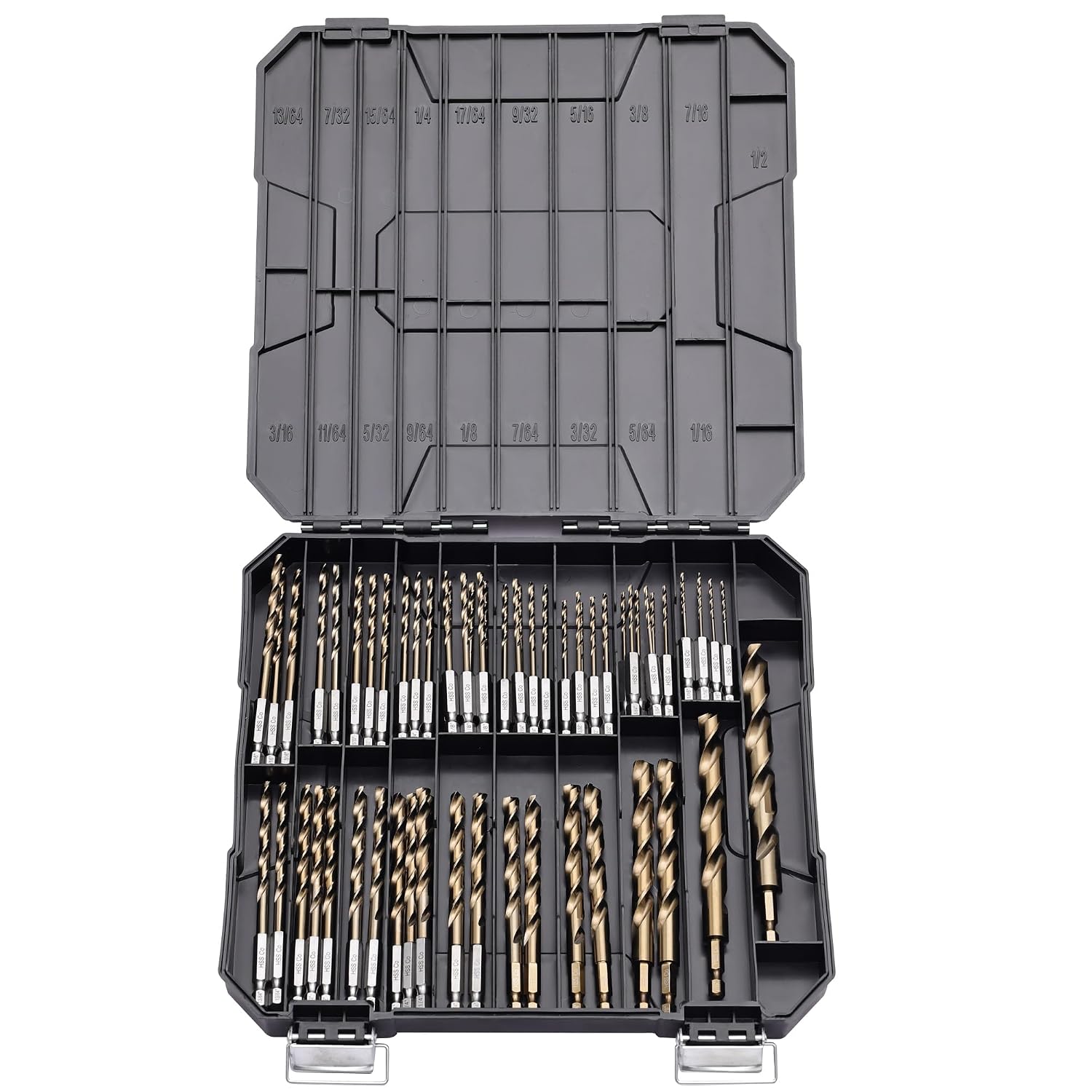 Hex Shank Cobalt Drill Bit Set 63Pcs 1/16'-1/2', M35 HSS Twist Impact Drill Bits for Metal and Hardened Steel, with Indexed Storage Case