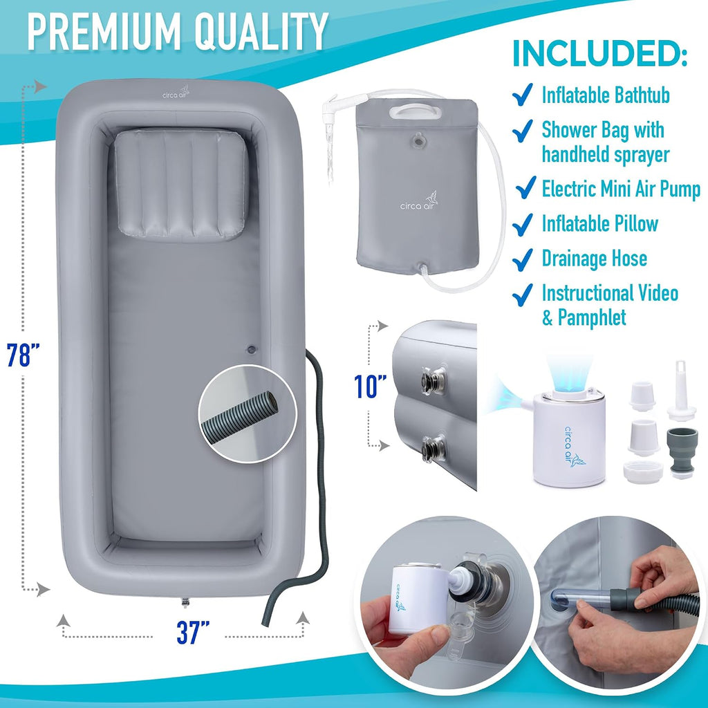 Circa Air Portable Bath Tubs Adults - Inflatable Bathtub with Bedside Shower Bag & Electric Pump, Full Body Washing in Bed, Bed Bath Supplies, Portable Shower Bed, Blow Up Tub, Hair Shampoo Basin