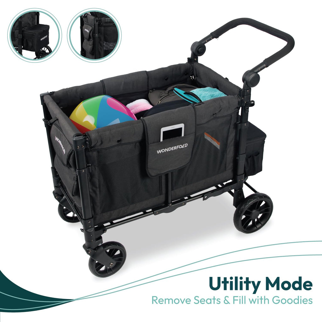 WonderFold W2 Elite Stroller Wagon - Foldable Wagon with Steel Frame - Adjustable Canopy & Push Handle - All-Terrain Wheels - for Babies, Toddlers & Kids - 2 Seater - Gray