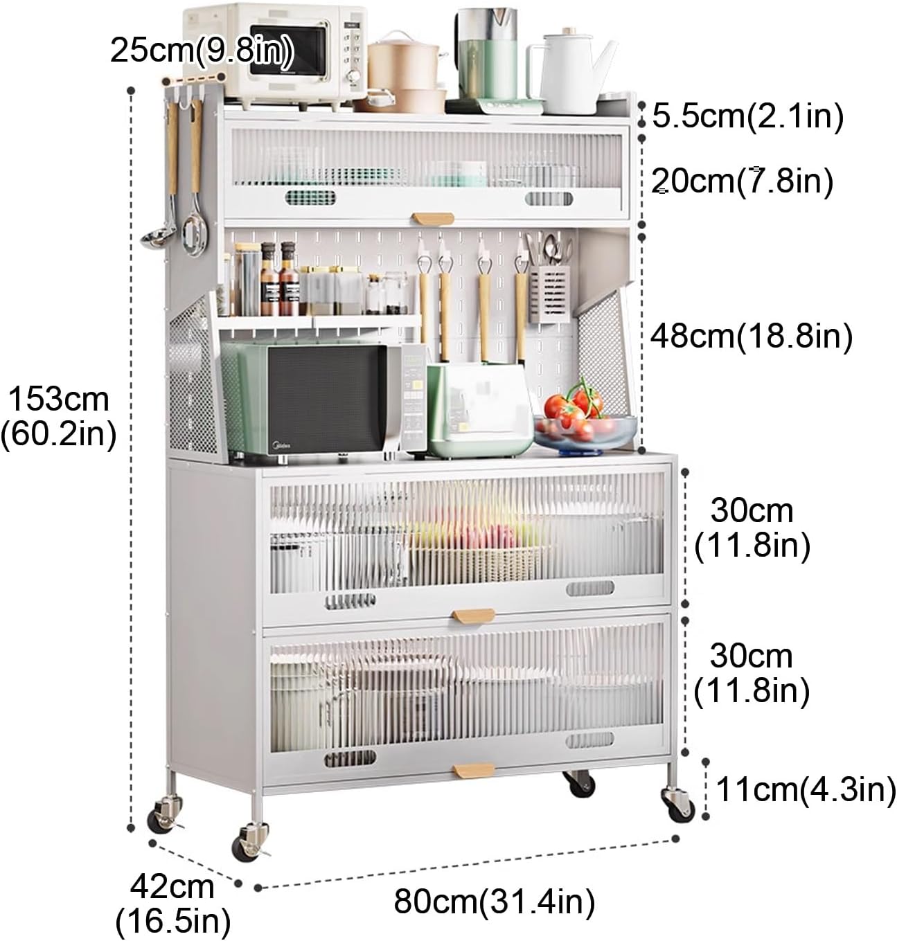 5-Tier Standing Kitchen Baker's Rack, 5 Tiers Storage Cabinet for Kitchen, with Drawers, for Kitchen Hutch, Home, Office, Pantry(Black-80Cm)