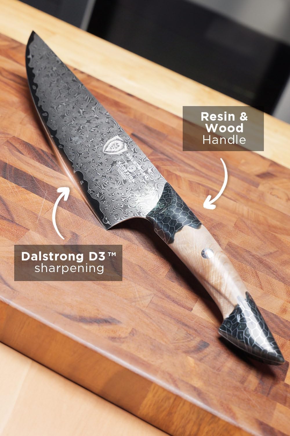 Dalstrong Chef Knife Professional- 9.5'-Scorpion Series - Venom Edition - Japanese Steel Chef Knife - Spiral Sandstorm Blade Pattern - Black Honeycomb Resin Handle - w/Chef KnifeSheath