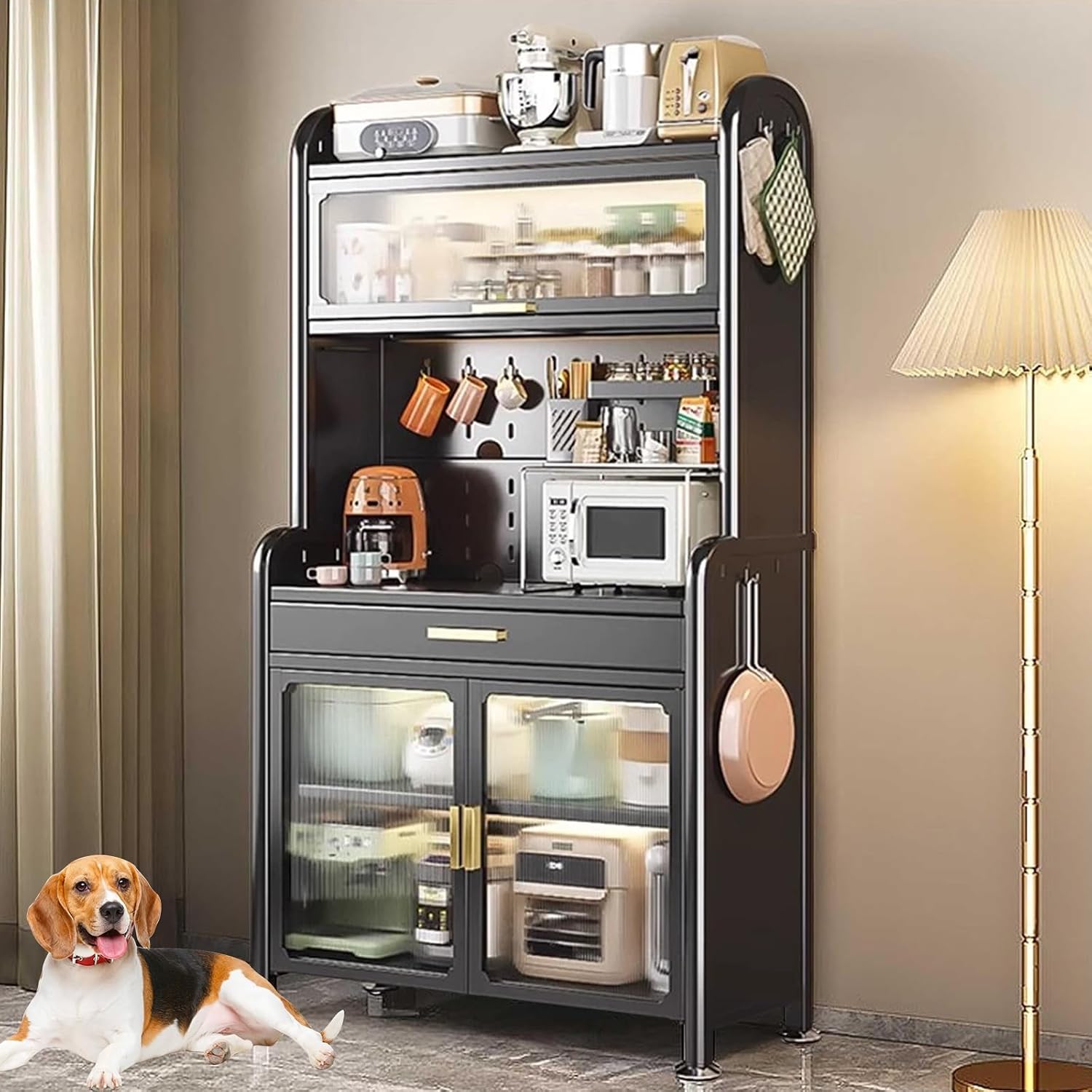 5-Tier Kitchen Bakers Rack, 5-Tier Microwave Stand, Adjustable Shelves, Metal Frame, with Drawers, for Kitchen Hutch, Home, Office(Black,70cm)