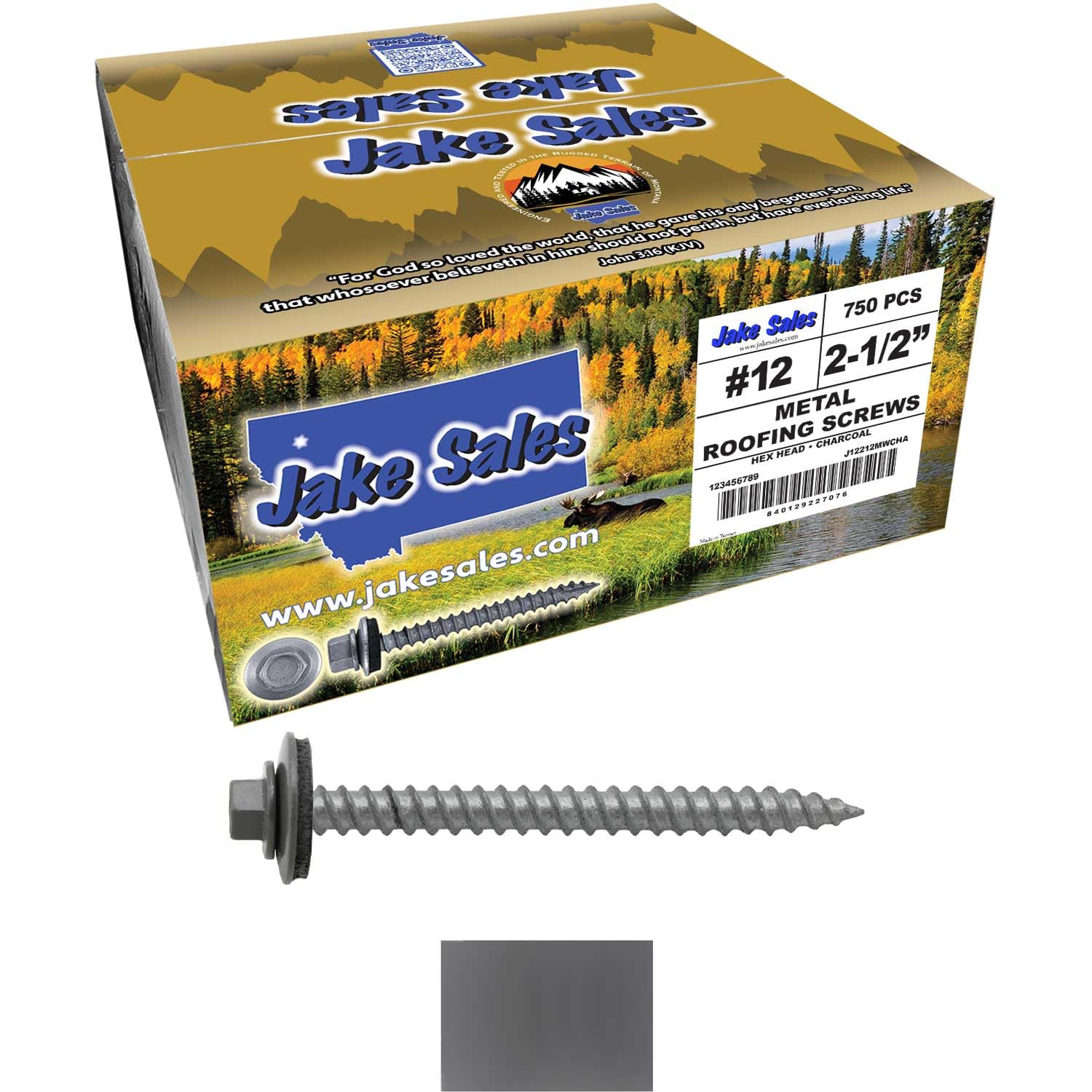 12 x 2-1/2' Charcoal Metal Roofing Screws - Hex Washer Head- Self-Starting/Tapping - EPDM Washer. 3 X 250 Bags - 750 Screws