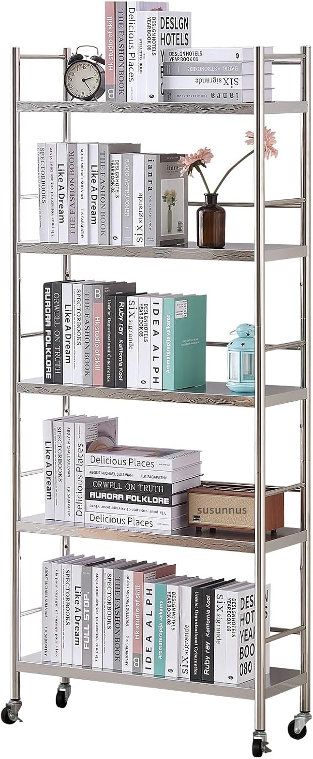 susunnus Stainless Steel Shelf,Shelves for Storage,Metal Kitchen,Garage Shelf,with Wheels,Rolling Shelves,Adjustable Height,Weight Capacity 440LB(27.6in*10.2in-5Twith guardrails)