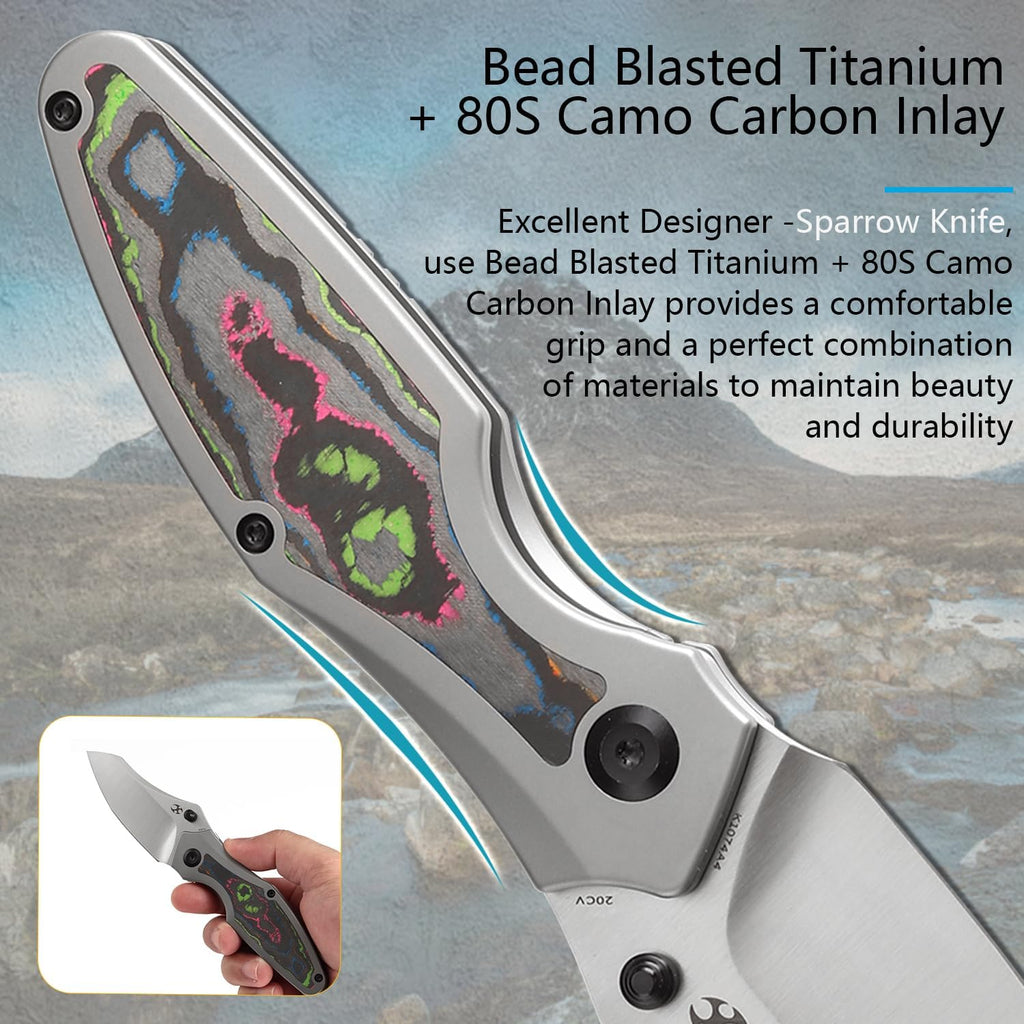 KANSEPT Baba Yaga Pocket Folding Knives for Men Women Camping Hiking Folding Knife 3.06'' Satin CPM 20CV Blade EDC Knife with Bead Blasted Titanium 80S Camo Carbon Inlay Handle Everyday Carry K1074A4