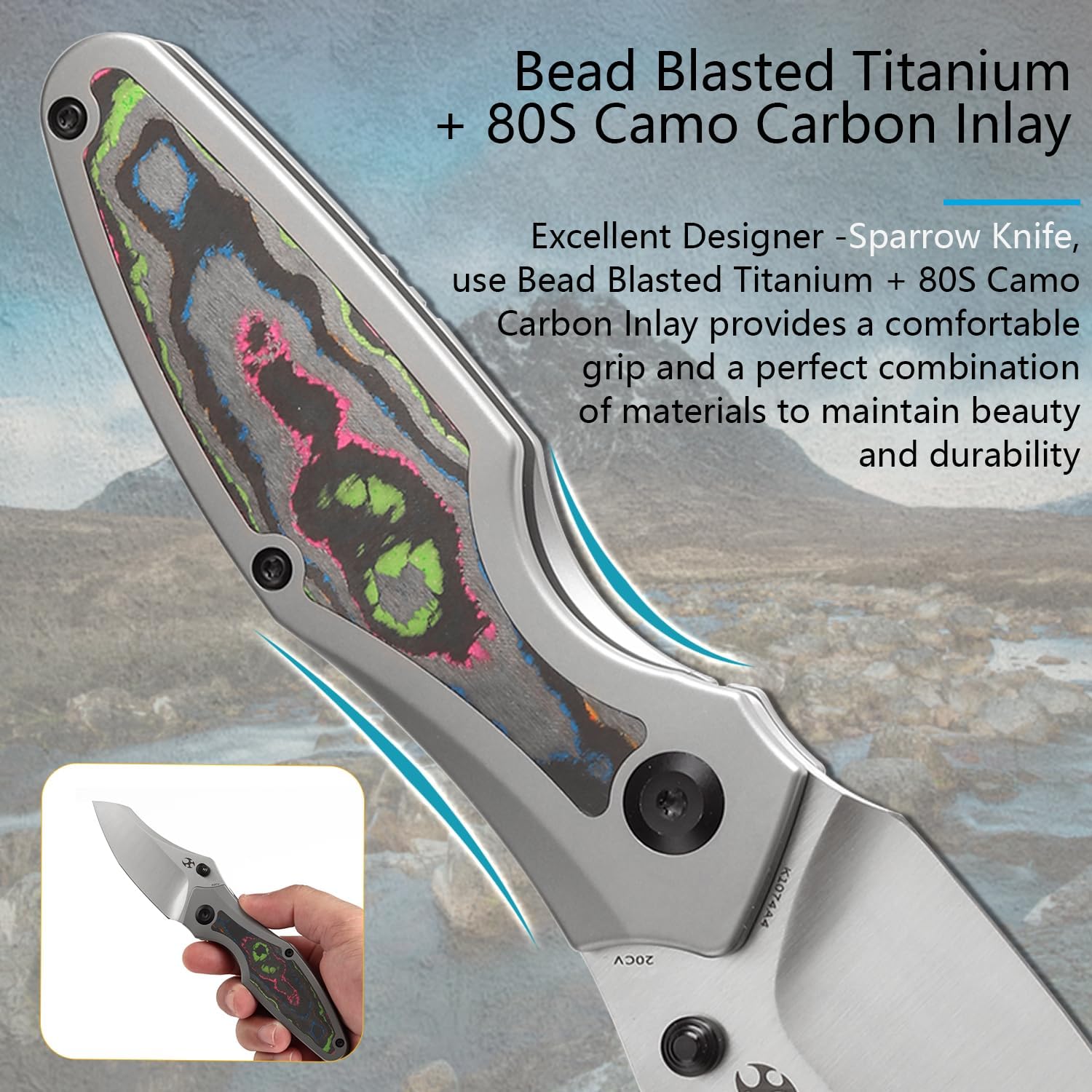 KANSEPT Baba Yaga Pocket Folding Knives for Men Women Camping Hiking Folding Knife 3.06'' Satin CPM 20CV Blade EDC Knife with Bead Blasted Titanium 80S Camo Carbon Inlay Handle Everyday Carry K1074A4