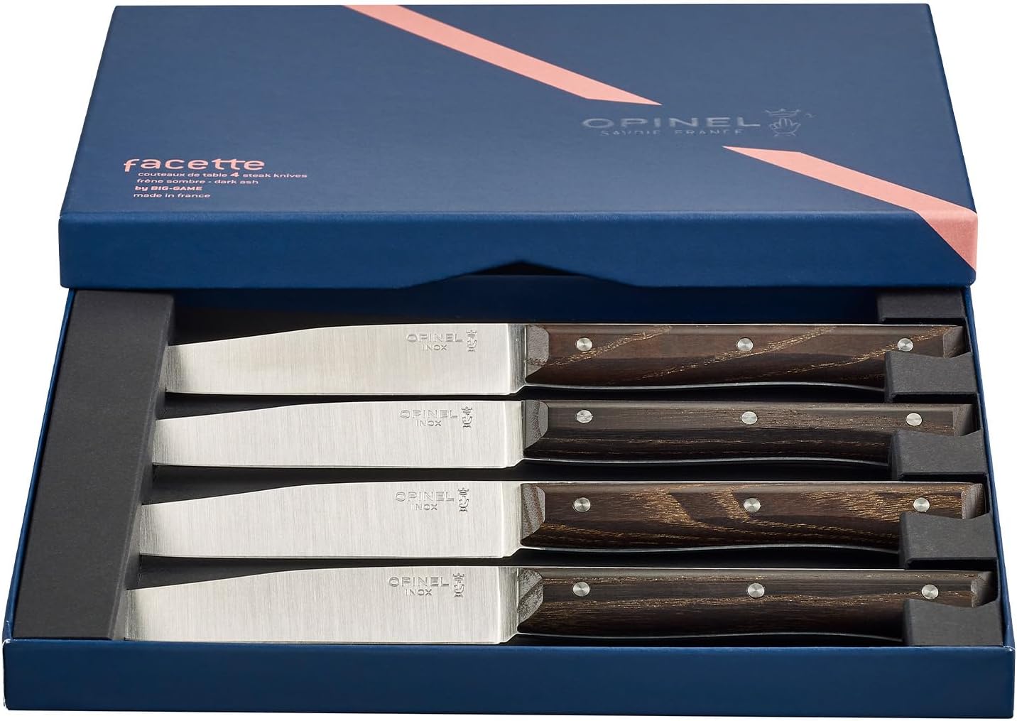 OPINEL Facette Steak Knife Set – Full Tang Table Knife Setting for 4, Comfortable Riveted Handle in Premium Woods and Vitter Eco, Made in France (Dark Ash Wood)