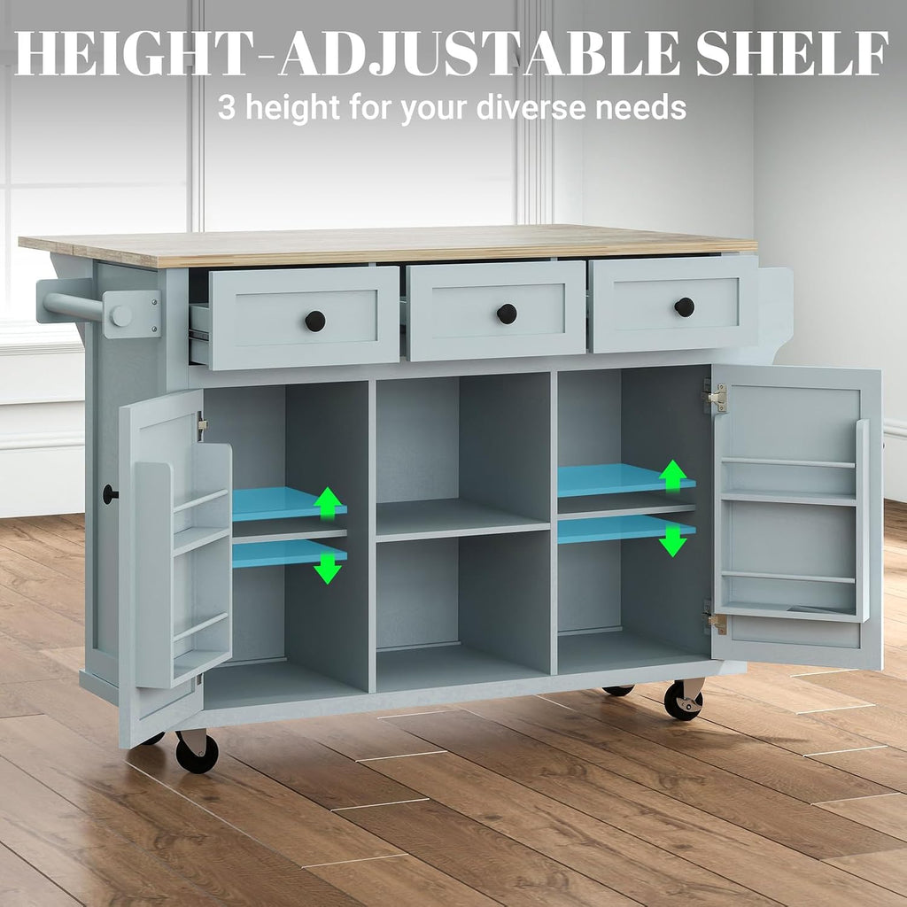 Rovibek Kitchen Island with Drop Leaf 53in Rolling Kitchen Island On Wheels with Storage Mobile Kitchen Island Cart Portable with Drawer and Storage Cabinet, Spice Rack, Towel Rack, Grayish Blue