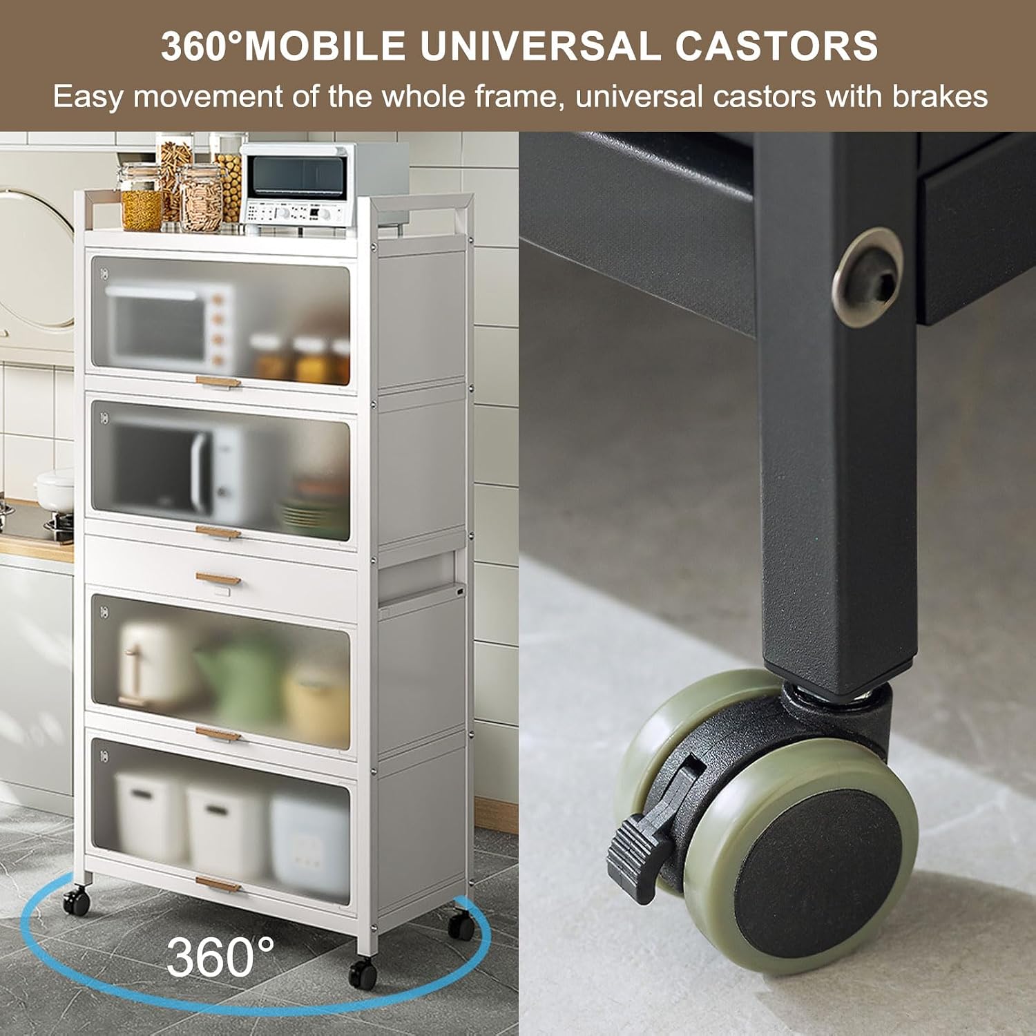 Standing Bakers Rack for Kitchen Storage, 5 -Tier Microwave Stand with Flip Door Cabinet, Metal Shelves with Brakeable Casters and Drawer for Kitchen Pantry Home,Black,60×102cm/23.6×40in