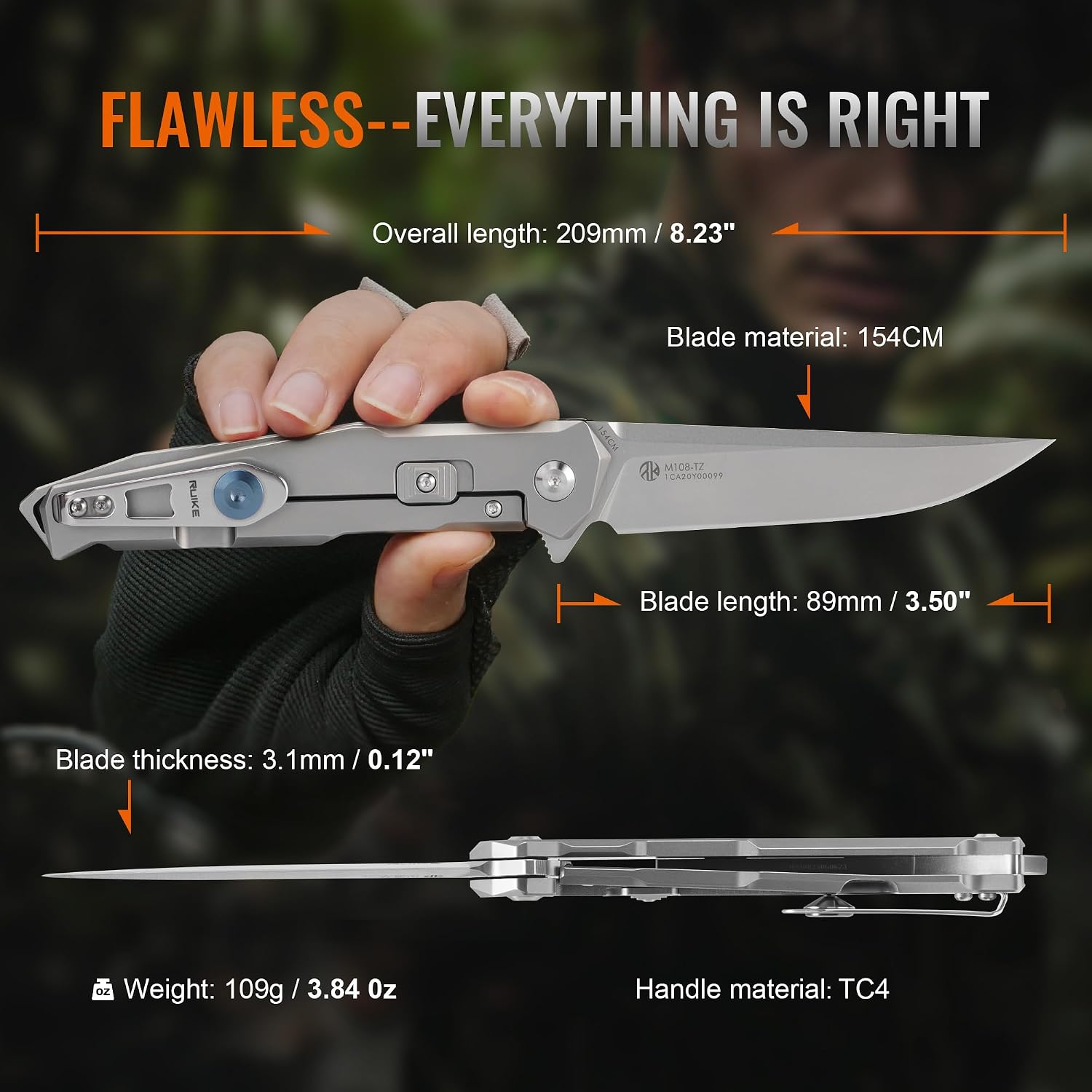 Ruike M108-TZ Folding Pocket Knife for Men,TC4 Titanium Lightweight Aolly Handle,Pearlized 154CM Stainless Blade,EDC Belt Clip,Frame Lock, Bushcraft Camping,Outdoor, Hunting,Survival Tool,Father Gifts