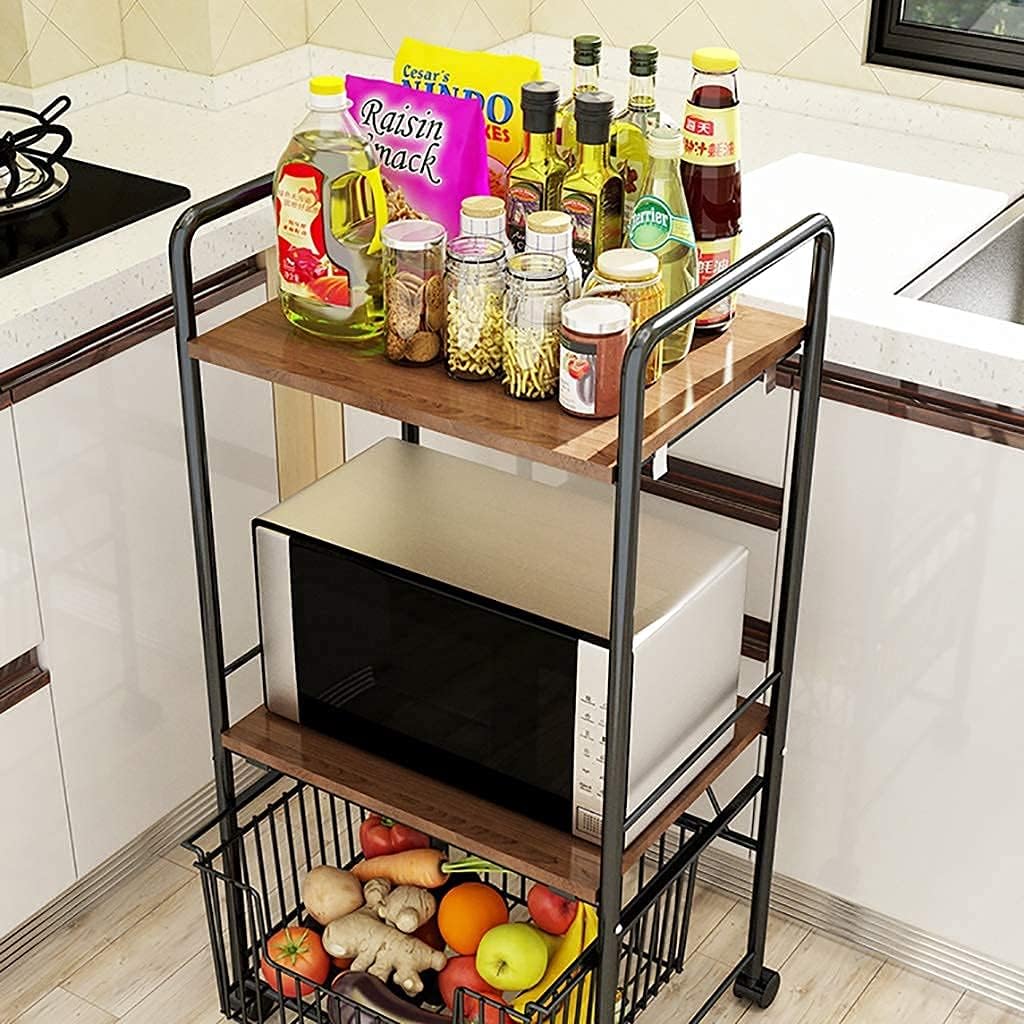 Rolling Microwave Stand with 3 Shelves Drawer Wire Basket Non Slip Workstation Kitchen Baker's Rack for Microwave Oven Spice Rack Organizer Utility Storage Shelf.