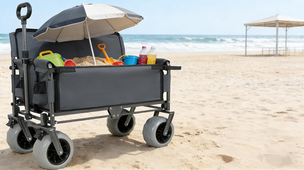 ZeHuoGe 3-in-1 Folding Wagon with Bench Seat – 500lbs Capacity, 9'x4' Beach Tires for Camping & Beach (Gray)