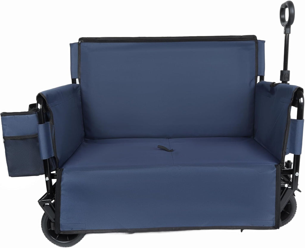 3-in-1 Heavy-Duty Folding Wagon Cart with Bench Seat & Storage - 500lbs Capacity, All-Terrain 360° Wheels, Ice Pack Included - Perfect for Camping, Beach, Sports, Garden & Outdoor Events (Dark Blue)