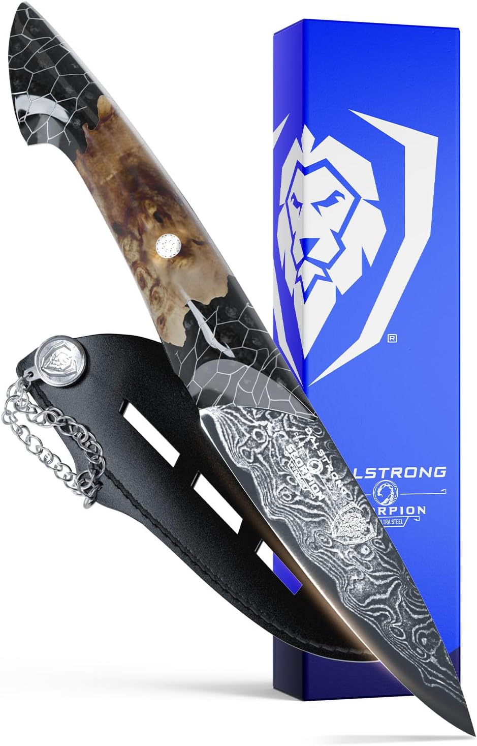 Dalstrong Paring Knife With Cover- 4'-Scorpion Series - Venom Edition - Japanese Steel Chef Knife - Spiral Sandstorm Blade Pattern - Black Honeycomb Resin Handle - w/Leather Sheath