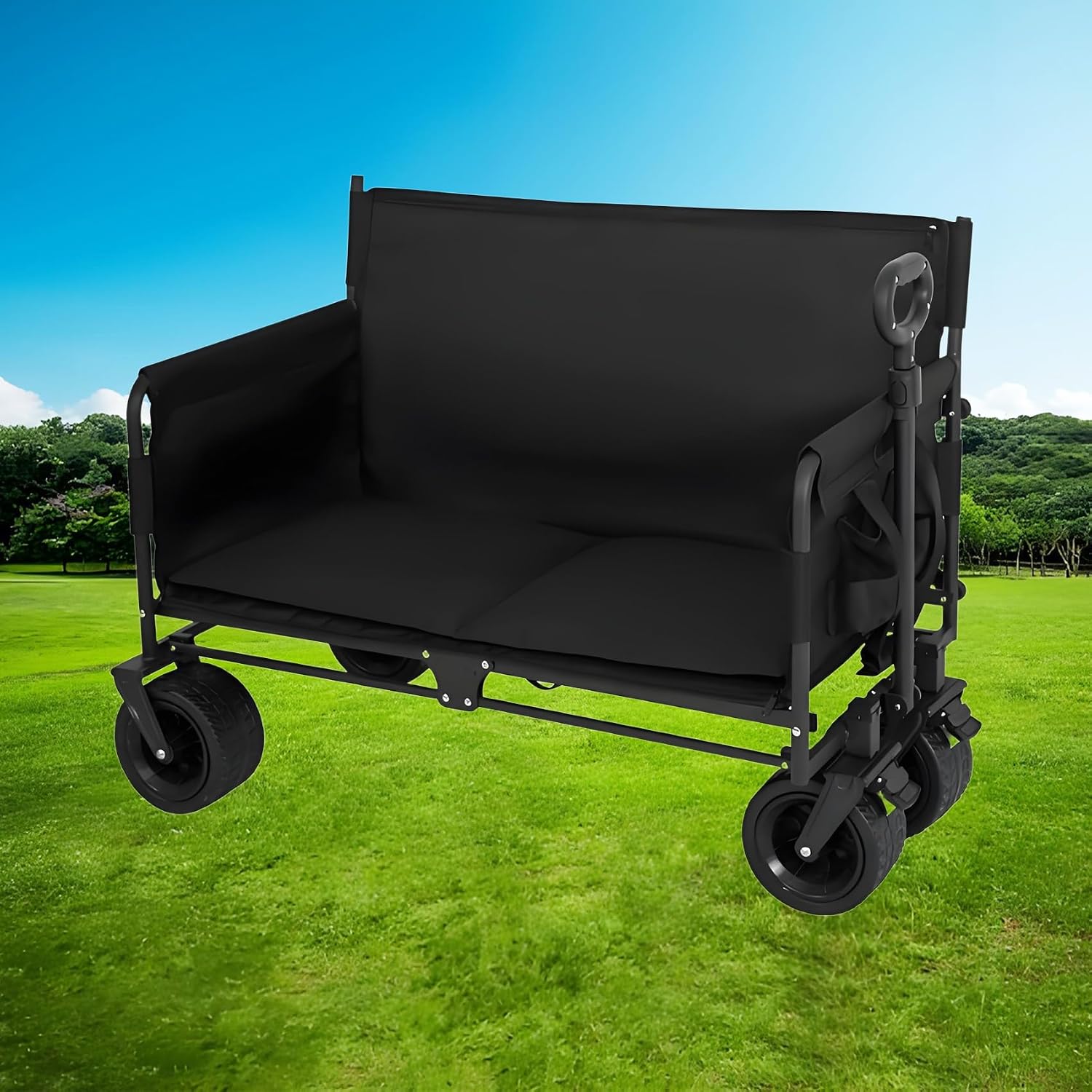 3-in-1 Convertible Folding Wagon Cart with Bench Seat & Storage, Wagon Bench, 550lbs/220L Heavy-Duty Utility Wagon, 180L Capacity All-Terrain Wheels (Black)