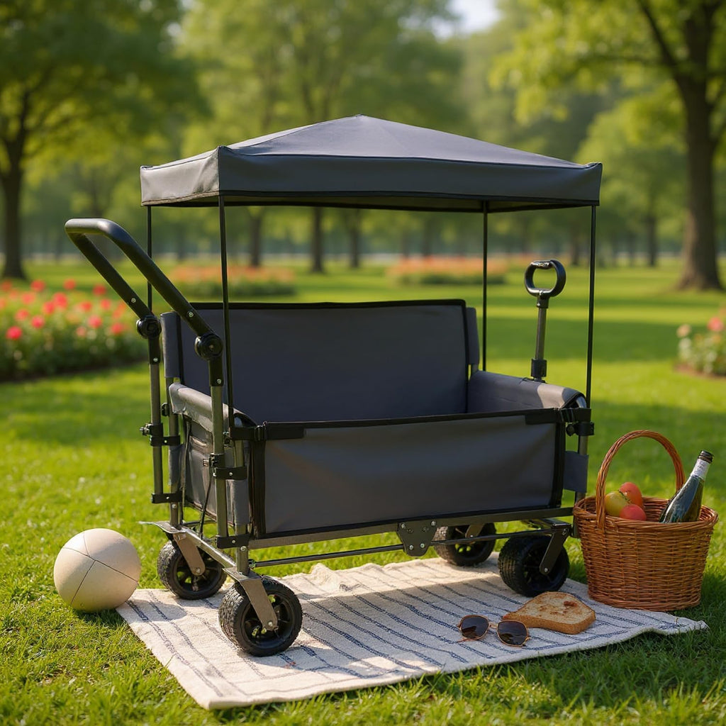 3-in-1 Folding Wagon Cart with Bench Seat & Canopy & Storage, 500lbs Heavy-Duty, 180L Capacity, All-Terrain Wagon for Camping, Beach, Sports, & Garden, Gray