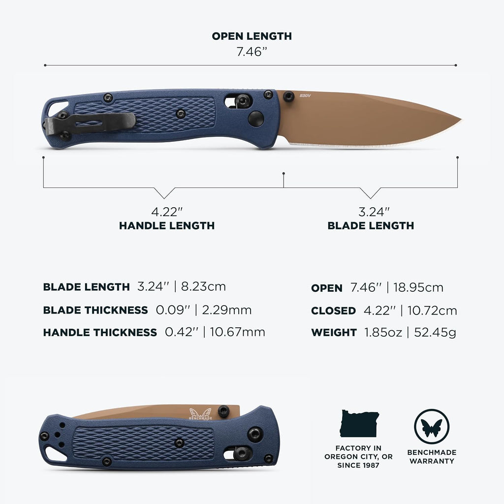 Benchmade - Bugout Outdoor EDC Folding Knife, Slim, Lightweight, Plain Edge, Drop-Point Blade, CPM-S30V Stainless Steel (58-60HRC), Grivory Handle (535FE-05)