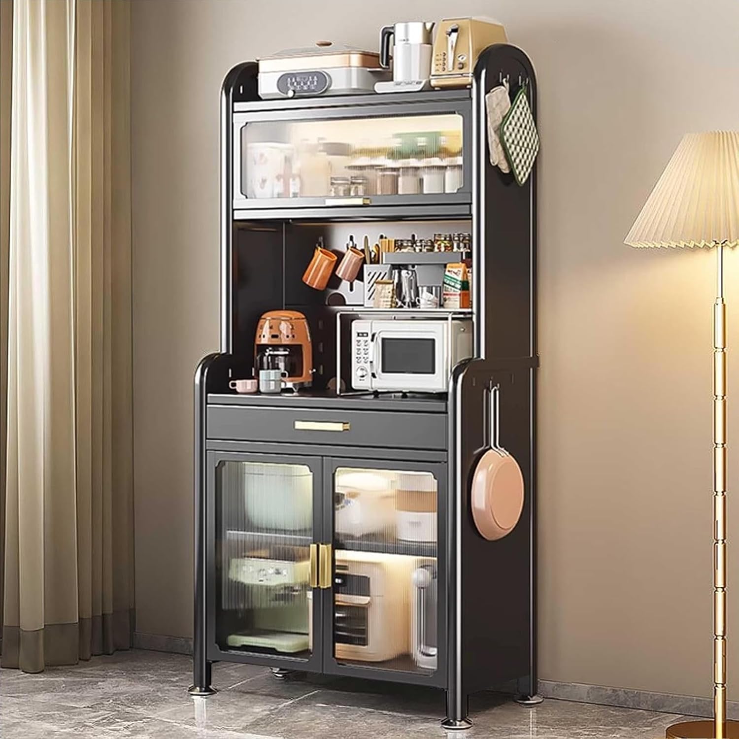 5-Tier Kitchen Baker's Rack, Kitchen Pantry Cupboard Free Standing, Coffee Bar Station with Drawer, Stable Load-Bearing(Black,70cm)