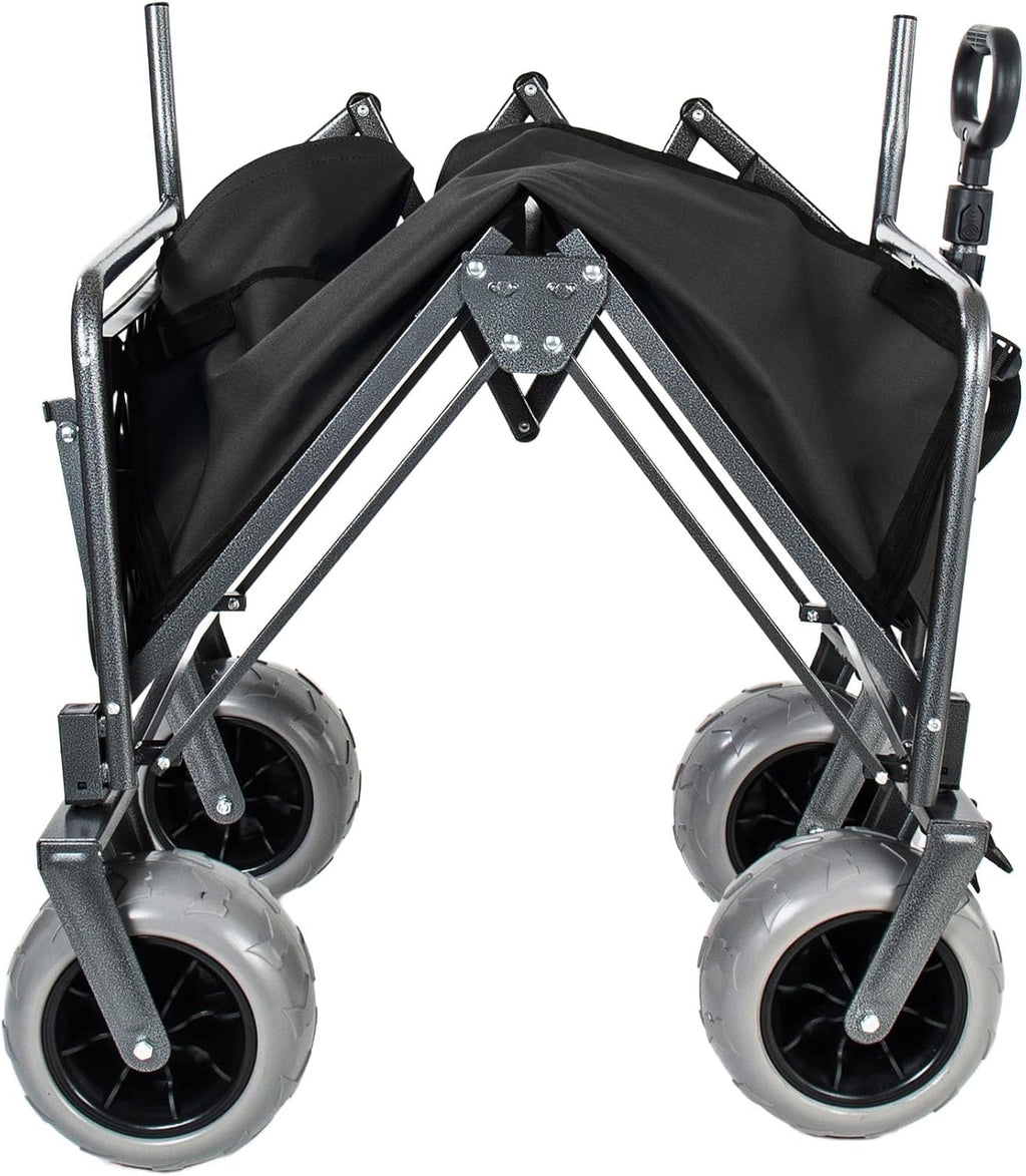 3-in-1 Folding Wagon with Seats and Table, All Terrain Beach Cart with Big Wheels for Sand, 500lbs Heavy Duty Collapsible Wagon for Camping Family Shopping (Black)