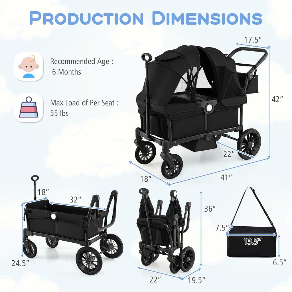 HONEY JOY Wagon Stroller for 2 Kids, 2 Seater Toddler Quad Stroller Wagon, Adjustable Push/Pull Handle Bar, Drop-Down Footwell & Upholstered Seats, Collapsible Kids Wagon with Canopy(Black)
