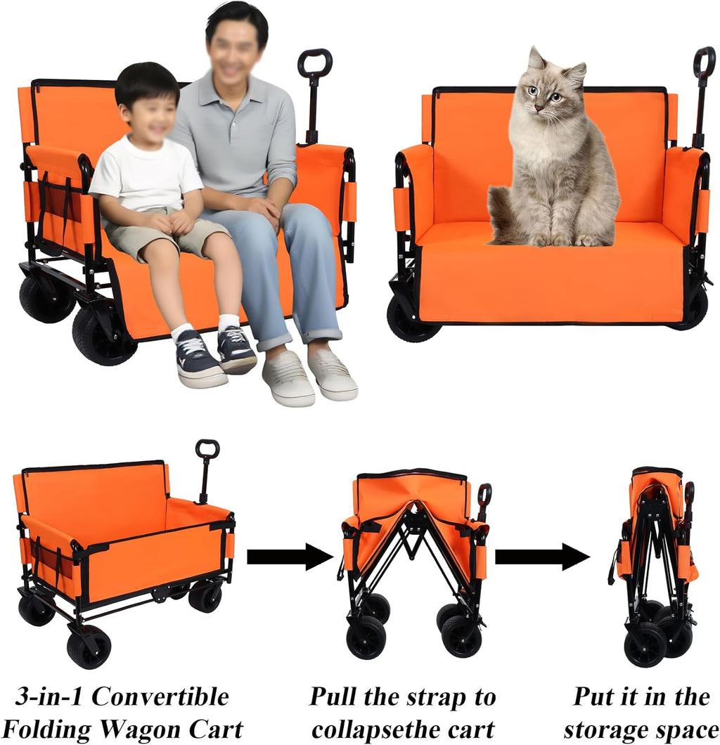 Convertible Folding Wagon Cart, 500lbs Heavy-Duty Utility Wagon with Bench Seat & Storage, 180L Capacity, All-Terrain Wheels for Camping, Beach, Sports, Garden