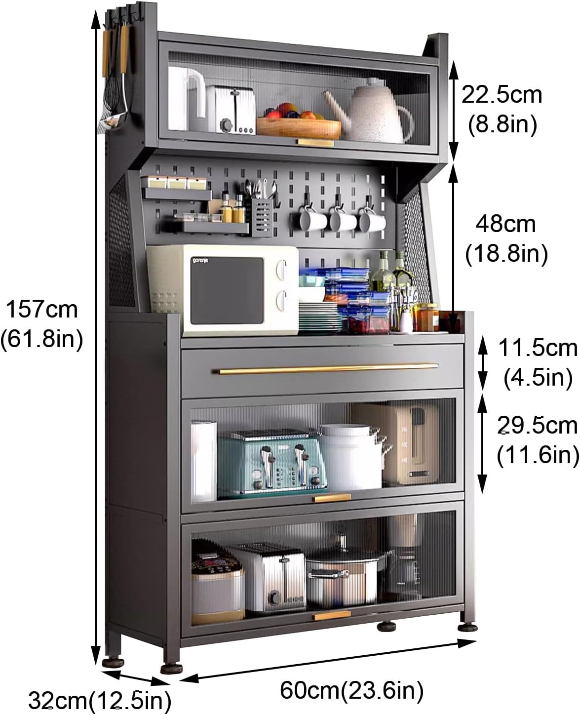 Kitchen Storage Cabinet, Bakers Racks for Kitchens with Acrylic Door, with Drawers, DIY Backplane Creative, Metal Frame(White-60Cm)