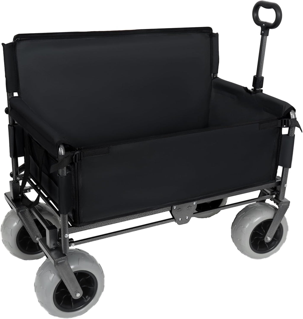 Black Collapsible Wagon, Bench Seat & Storage, All-Terrain Wheels & Steel Frame, Folding Camping Cart for Beach, Sports, Fish, 40.94x20.47x44.29 in