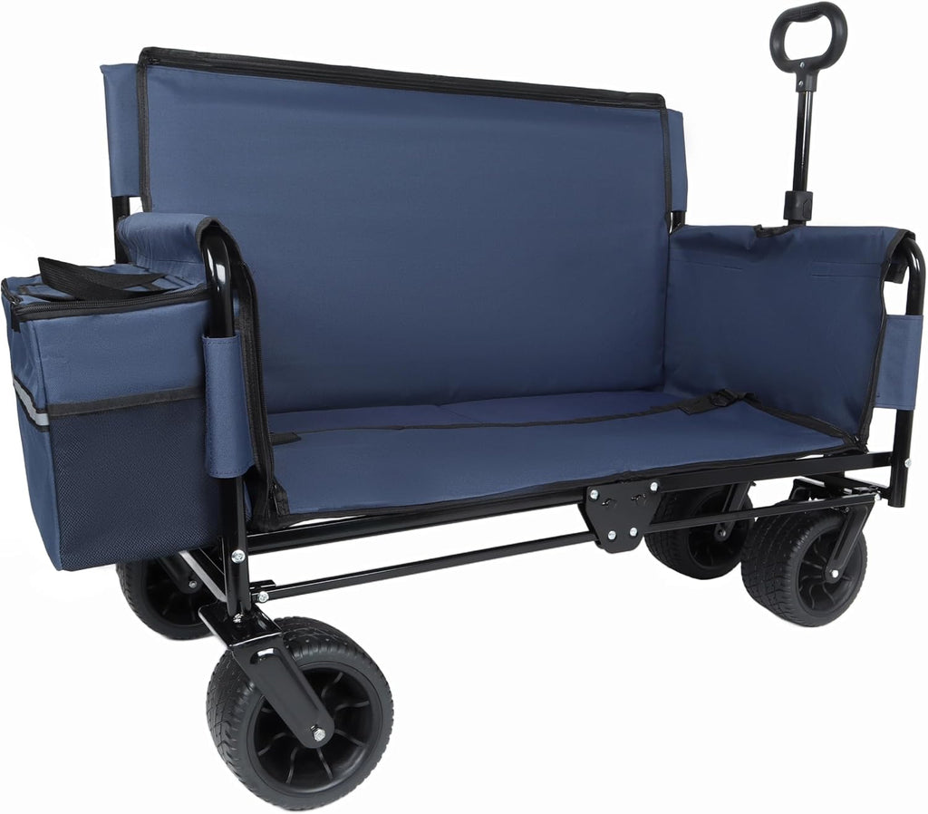 Dark Blue Collapsible Wagon with Bench Seat, Handle & All-Terrain Wheels, Steel Frame, Folding Camping Cart for Beach, Sports, Lawn, 37x24.02x40.94 in